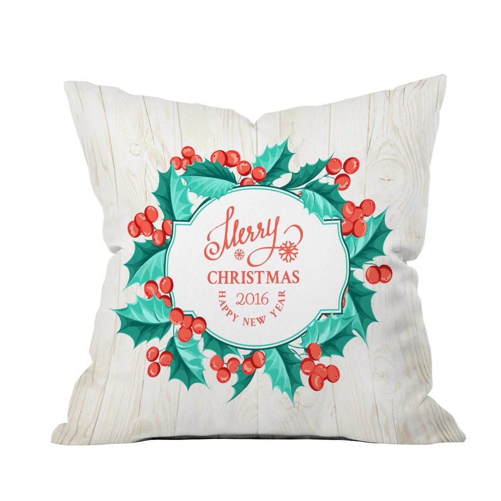 A decorative throw pillow featuring a festive Christmas wreath design, perfect for holiday home decor.