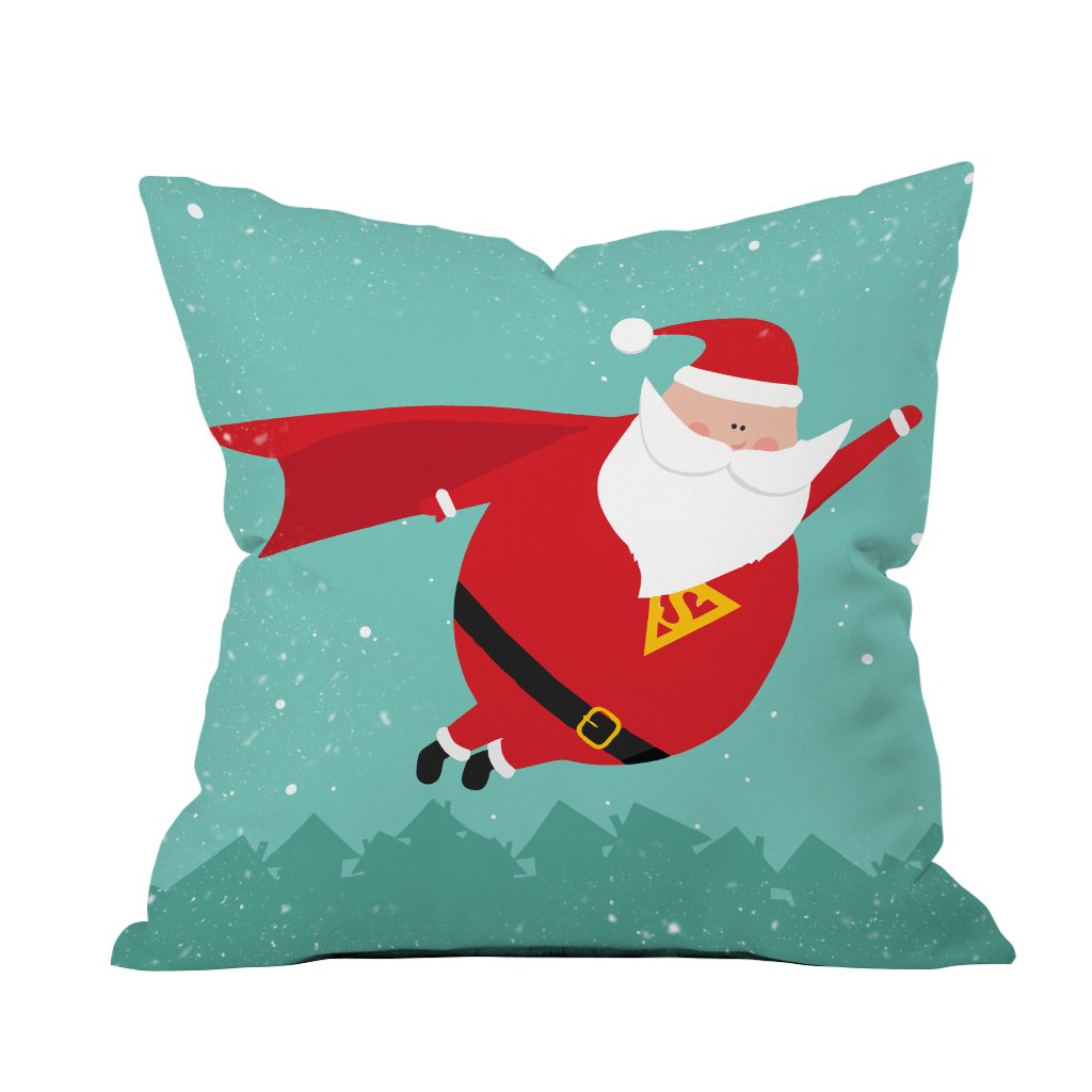 Santa Claus joyfully flying on a colorful pillow, surrounded by twinkling stars and a festive night sky.