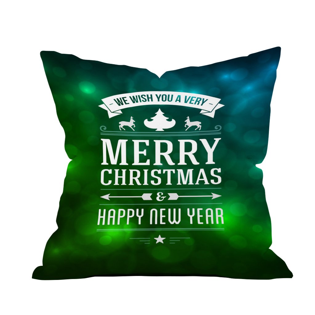 Merry Christmas and Happy New Year decorative pillow with festive designs and cheerful colors.

