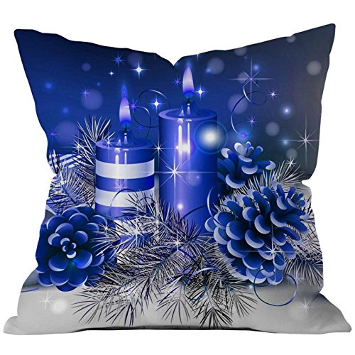 A charming blue Christmas pillow adorned with candles and pine cones, adding a warm touch to the holiday season.
