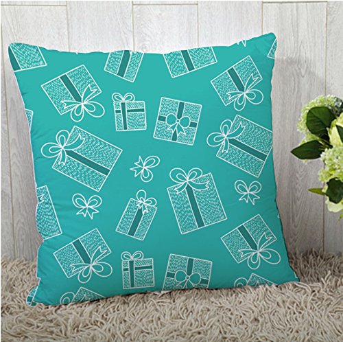A decorative pillow featuring a vibrant turquoise pattern adorned with colorful presents.