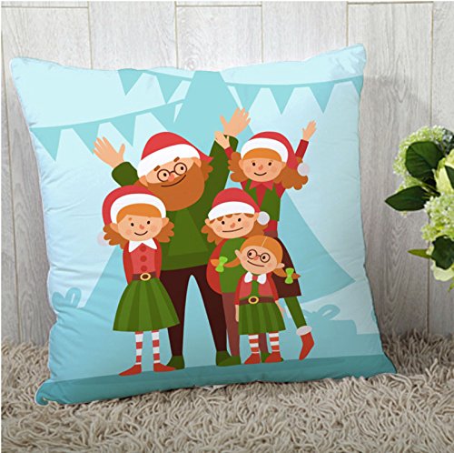 A cozy pillow featuring a cheerful family of Santa Claus characters, perfect for holiday decor and festive vibes.