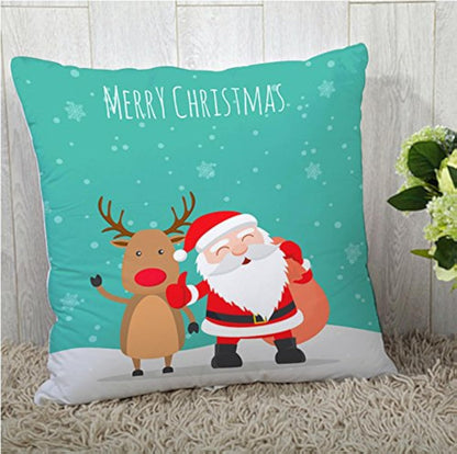 A charming throw pillow depicting Santa and his reindeer, ideal for bringing warmth and joy to your holiday decorations.