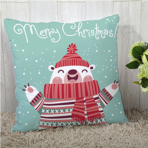  A cozy pillow featuring an adorable polar bear dressed in a red scarf and hat, perfect for winter decor.