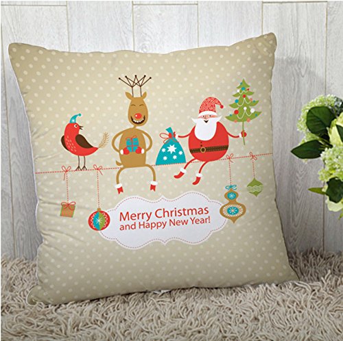 A festive pillow featuring Santa, a reindeer, and a Christmas tree, perfect for holiday decor.