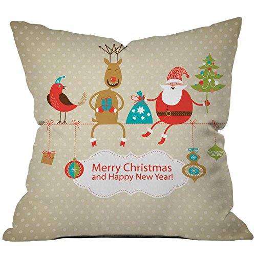 Decorative pillow showcasing Santa, a reindeer, and a Christmas tree, ideal for celebrating the holiday season.