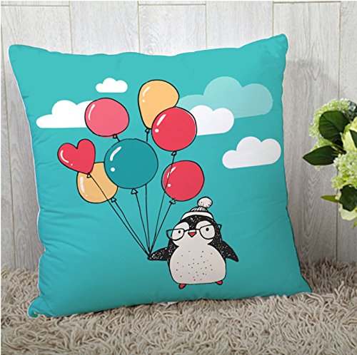 A cute pillow featuring a penguin joyfully holding colorful balloons.
