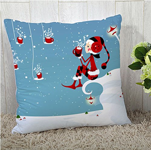 A cozy pillow featuring a festive Christmas scene with snowflakes, trees, and cheerful decorations.