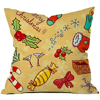 A decorative pillow adorned with various Christmas-themed items, including ornaments and festive patterns.

