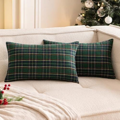 Two green plaid pillows with contrasting black and white stripes, adding a stylish touch to any cozy space.