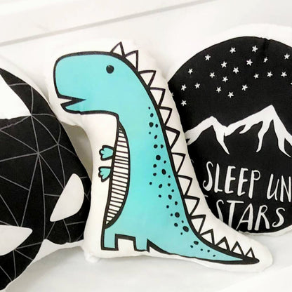 A cute dinosaur-themed pillow, ideal for dinosaur enthusiasts or kids who love prehistoric creatures.