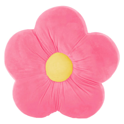 A pink flower-shaped cushion with a yellow center, adding a touch of elegance and comfort to any space.