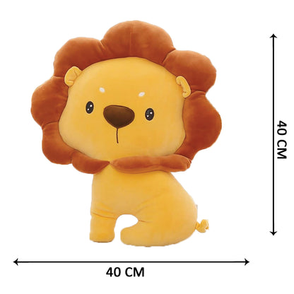  Image of a lion seated on a chair beside a small stuffed animal.