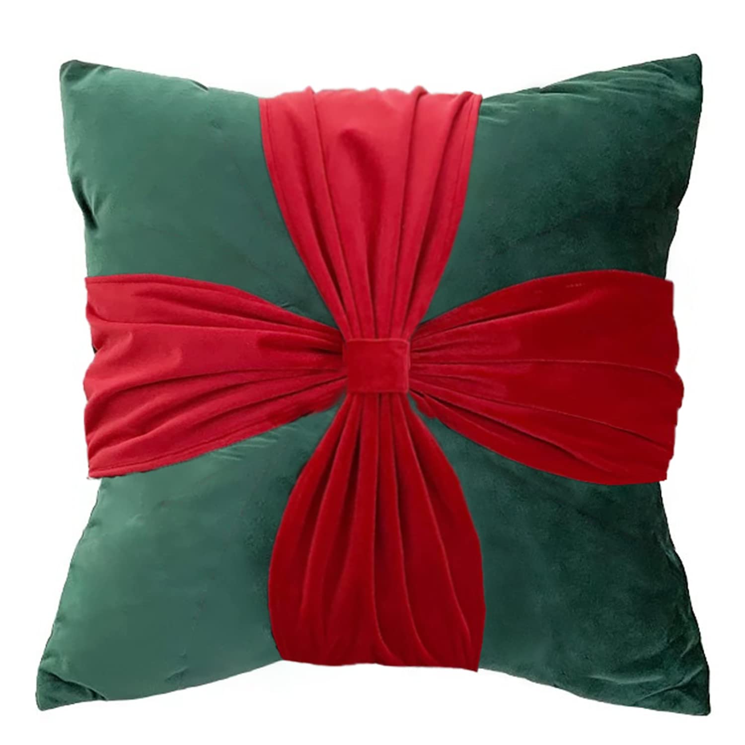  A festive green and red pillow with a red bow, perfect for adding a touch of holiday cheer to your home decor.