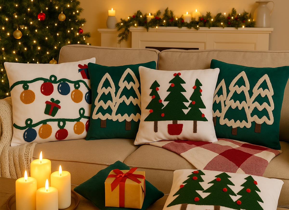 Decorative pillows with Christmas patterns on a couch in a cozy living room.