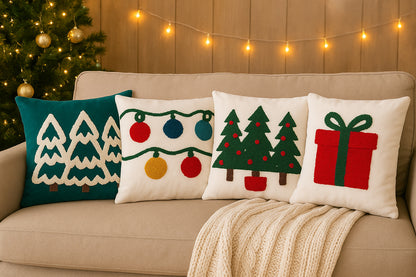 Decorative Christmas pillows on a couch with a festive background