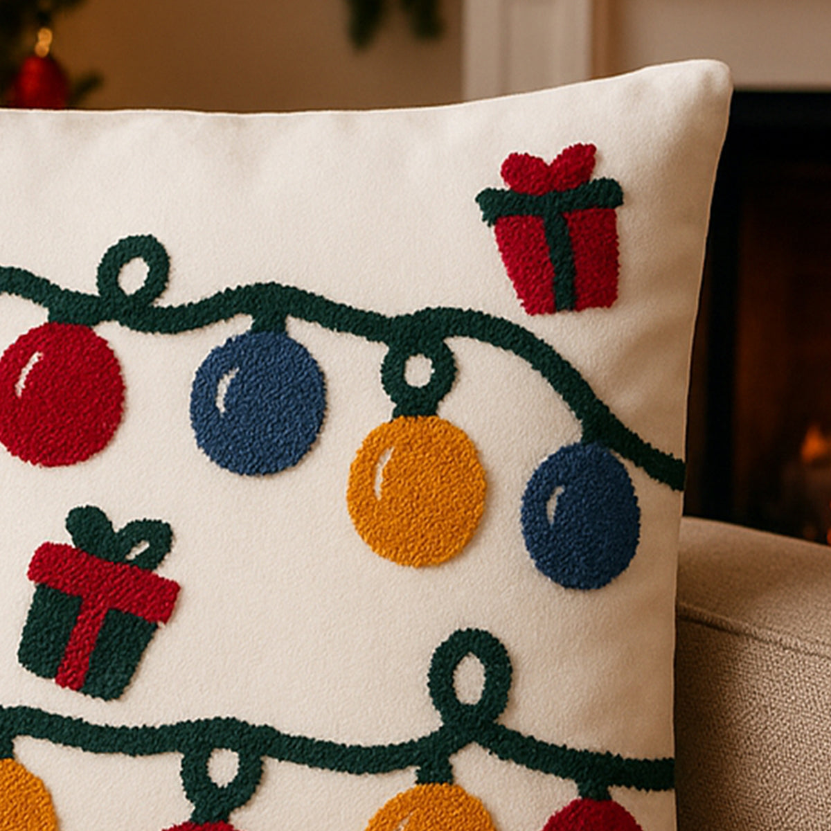 Twinkling Baubles & Gift Christmas Cushion