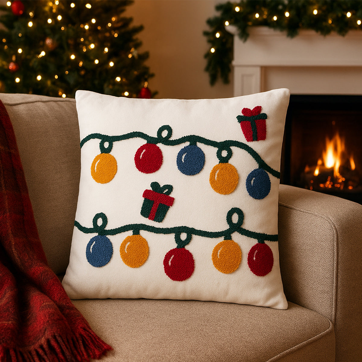 Decorative Twinkling Baubles pillow & Christmas lights with presents on a couch in front of a fireplace.