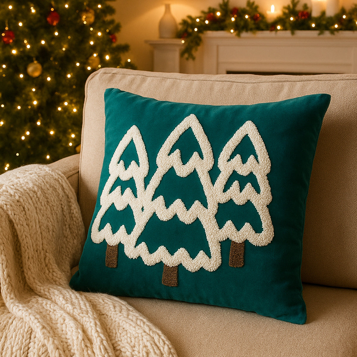 Teal pillow with tree design on a beige couch in a cozy living room setting.