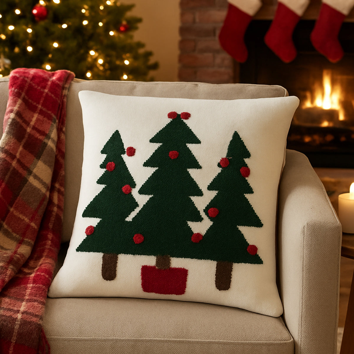 Decorative pillow with Christmas tree pattern on a couch in a festive living room.
