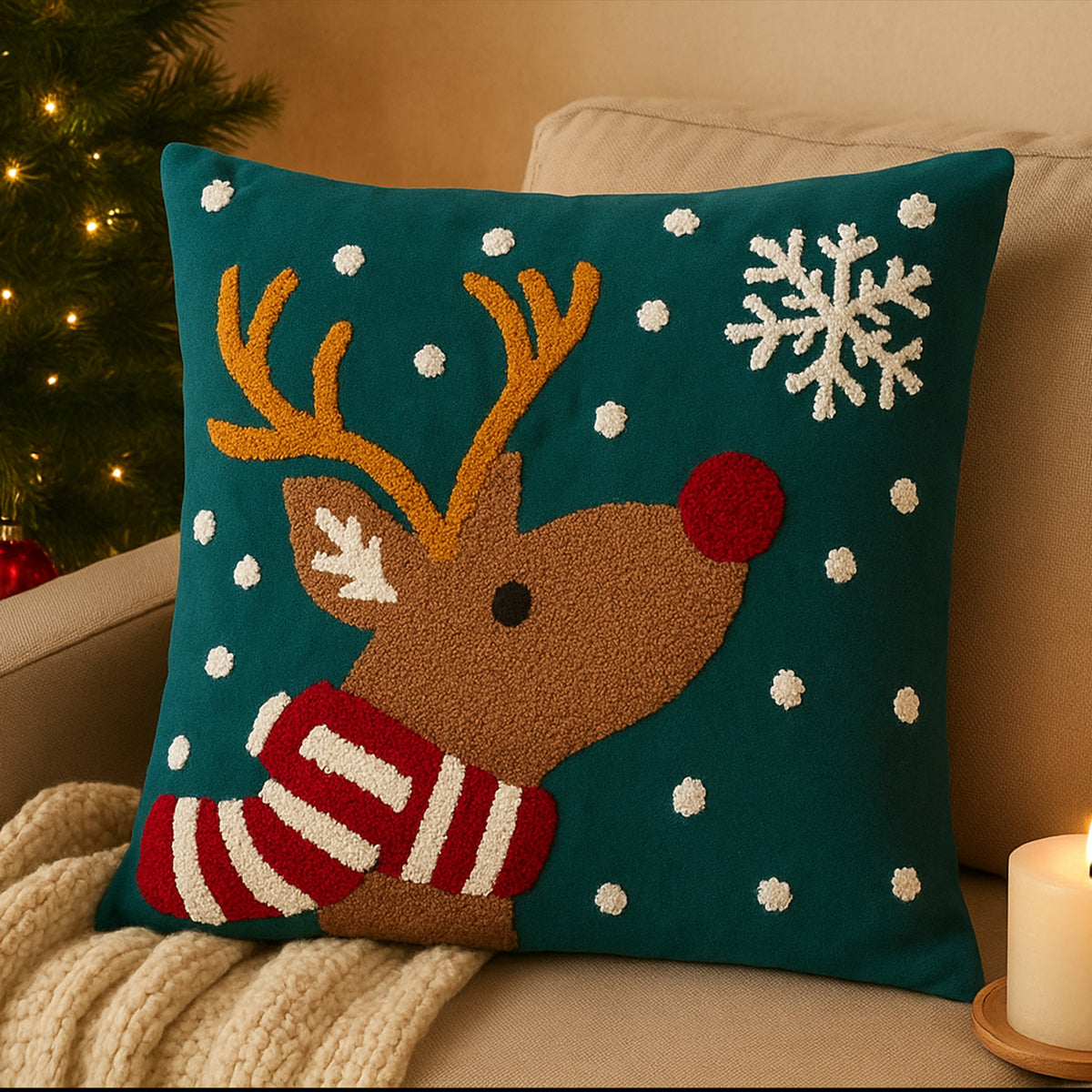 Decorative pillow with a reindeer in snow design on a couch next to a Christmas tree.