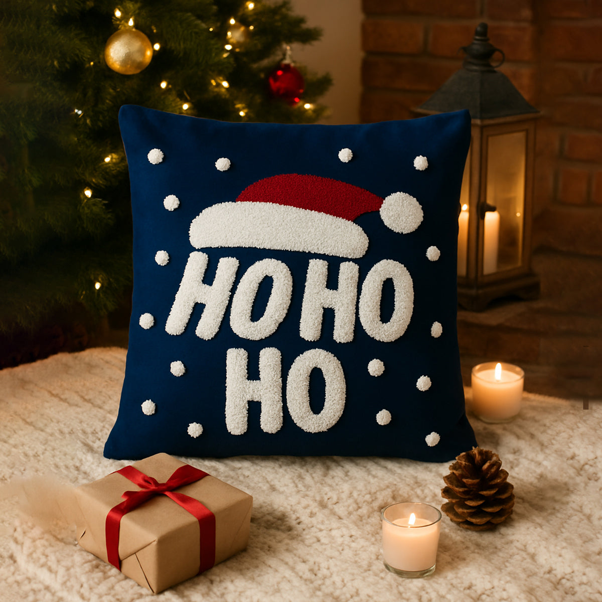 Decorative pillow with 'HO HO HO' text in a festive setting with Christmas tree, gift, and candles.