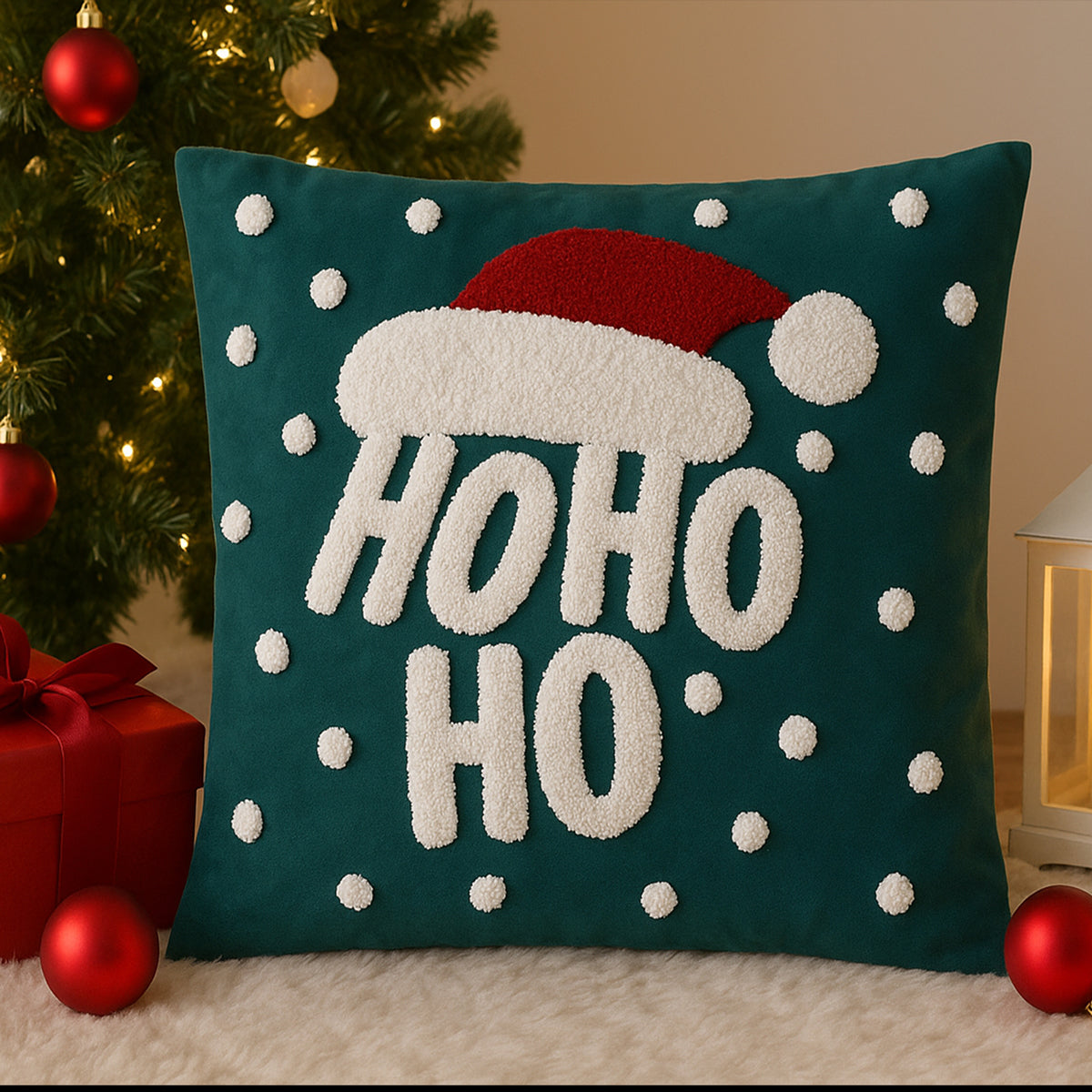 Christmas-themed pillow with 'HO HO HO' text and Santa hat design, surrounded by festive decorations.
