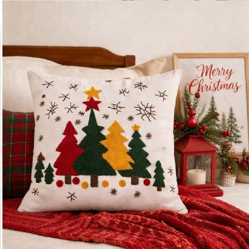 Tree and Snowflakes Embroidered Christmas Cushion 16x16 inch