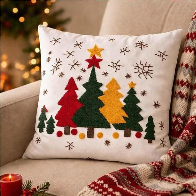 Tree and Snowflakes Embroidered Christmas Cushion 16x16 inch