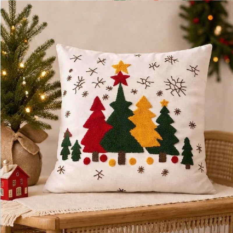Tree and Snowflakes Embroidered Christmas Cushion 16x16 inch