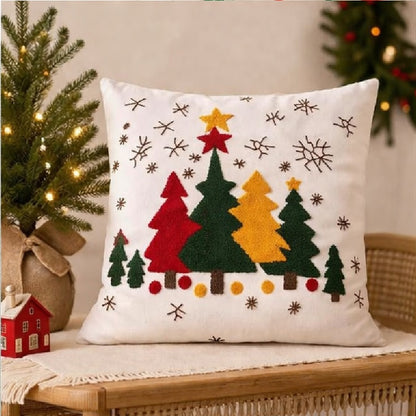 Tree and Snowflakes Embroidered Christmas Cushion 16x16 inch