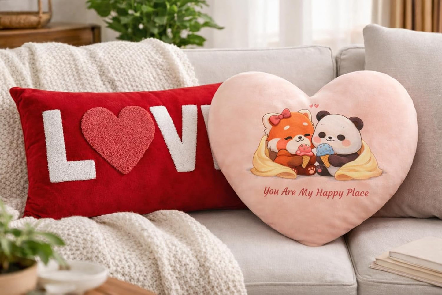 Premium Velvet Panda Heart Shape Cushion