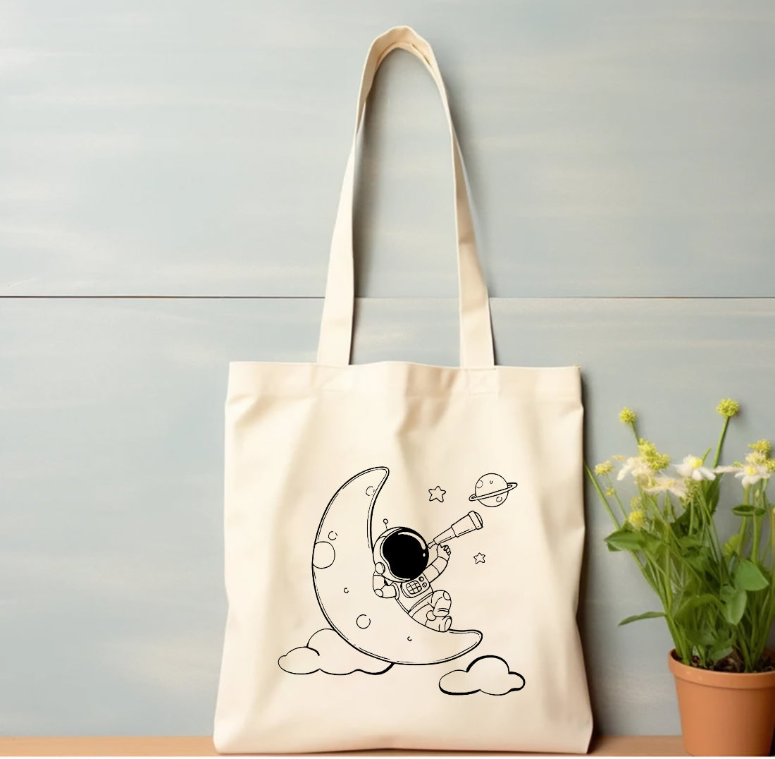 Astronaut & Moon print cotton tote bag