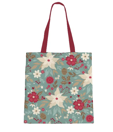 A tote bag with a floral pattern and red handles.