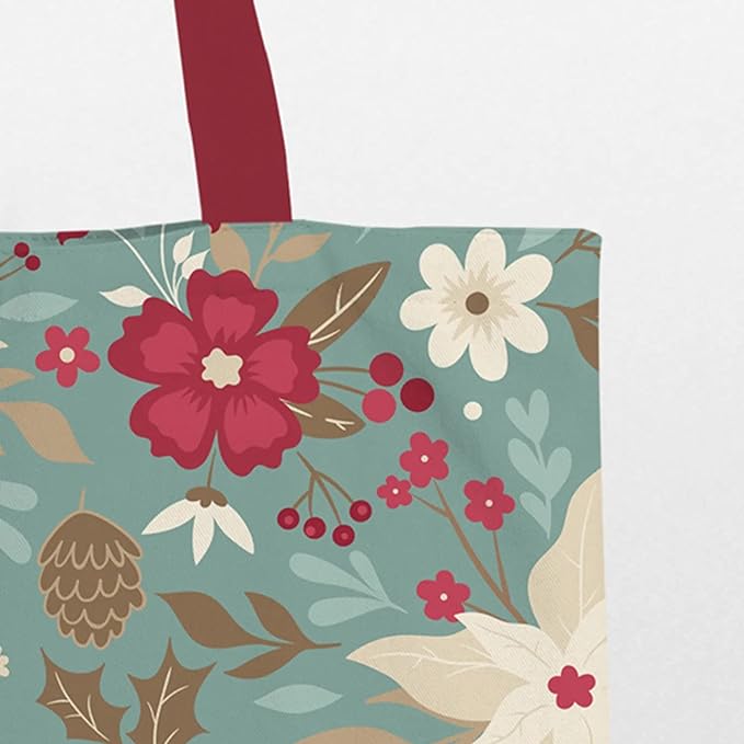 Floral pattern tote bag with vibrant red handles zoom view