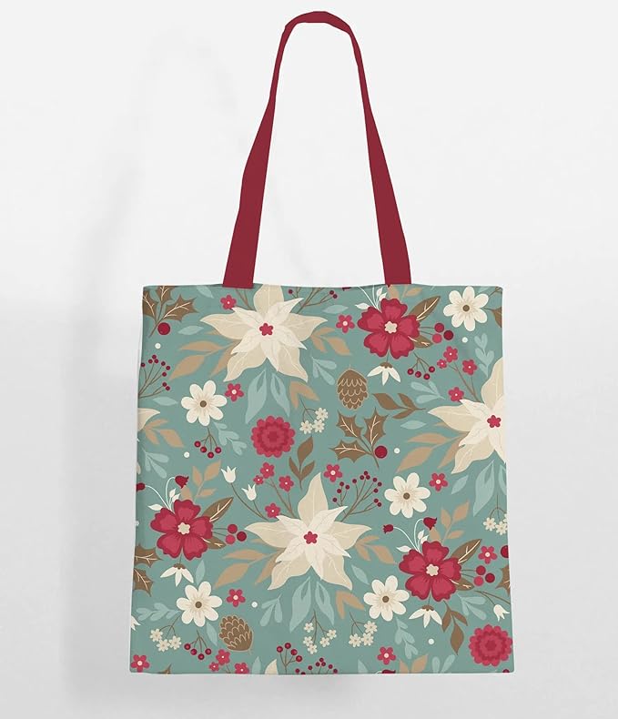 Floral pattern tote bag with vibrant red handles.
