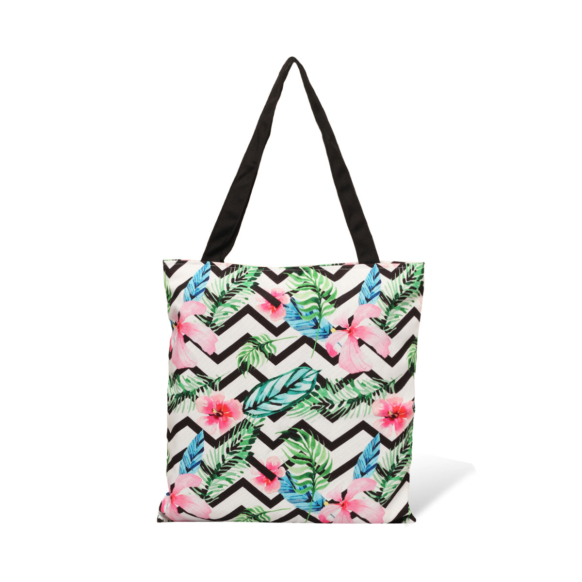 Tropical print tote bag with chic black handles.