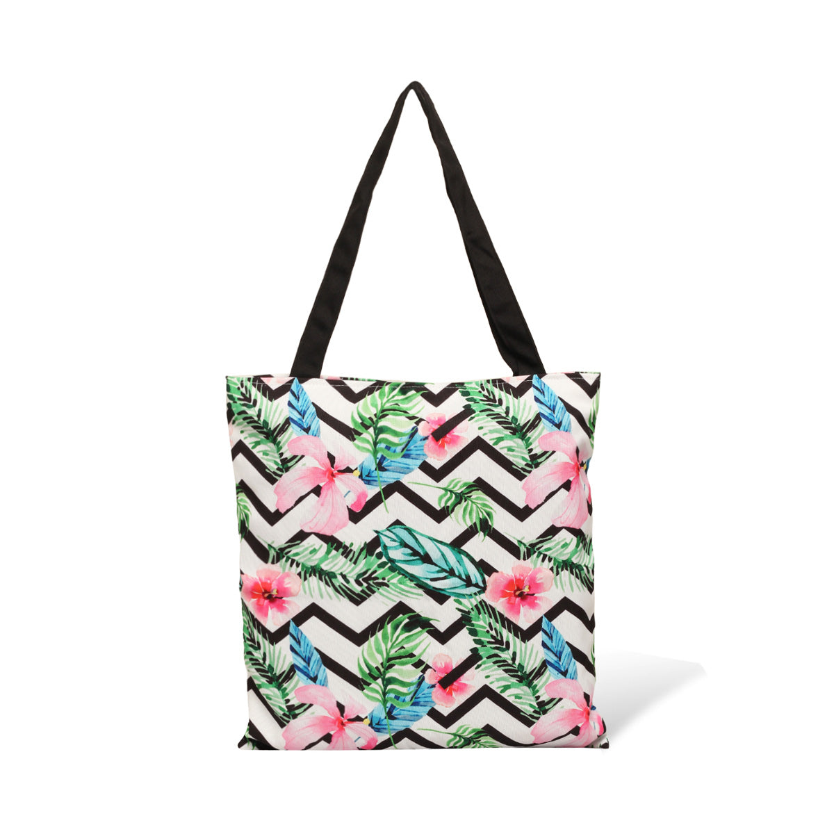 Stylish tote bag featuring tropical design and black handles.