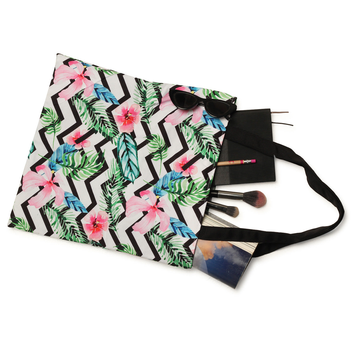 Vibrant tropical print tote bag with elegant black handles