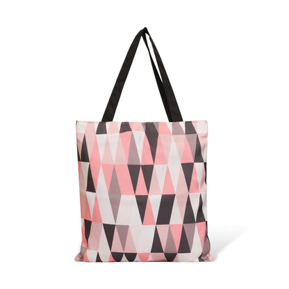 Stylish pink and black tote bag featuring triangles.