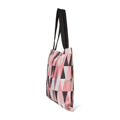 SIde view of Pink and black tote bag with triangle pattern.