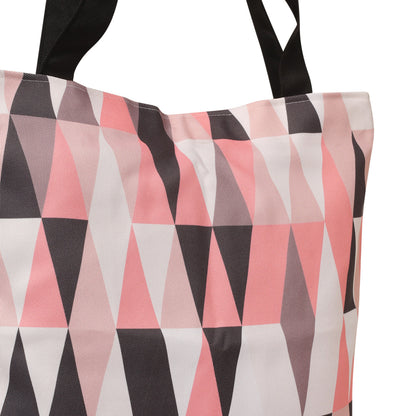 zoom view of Pink and black tote bag with triangle pattern.
