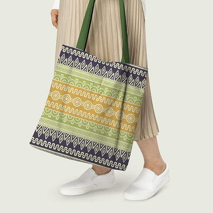 A vibrant tote bag with a green handle