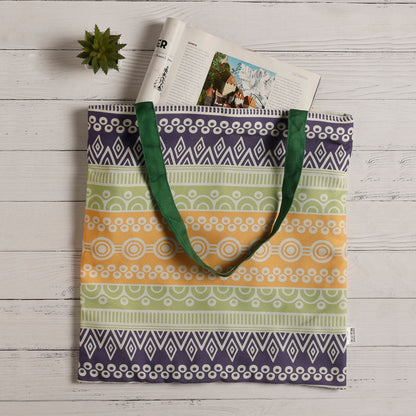A vibrant tote bag with a green handle, perfect for adding a pop of color to your outfit.