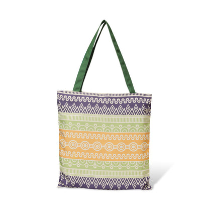 A vibrant tote bag with a green handle, perfect for adding a pop of color to your outfit.