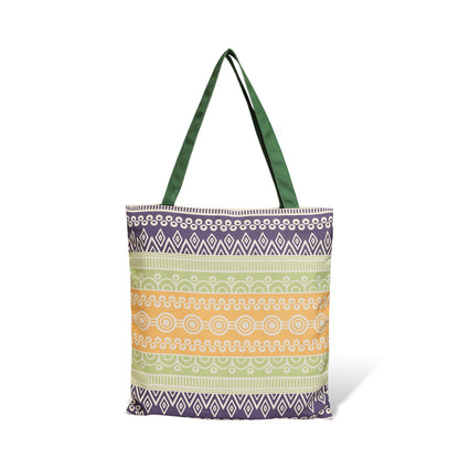 A vibrant tote bag with a green handle, perfect for adding a pop of color to your outfit.