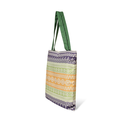 Side view of A vibrant tote bag with a green handle, perfect for adding a pop of color to your outfit.