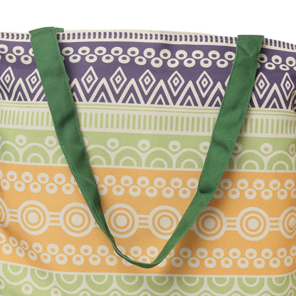 A vibrant tote bag with a green handle, zoom view