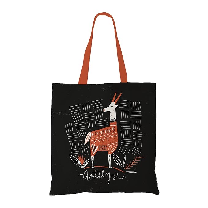 A black tote bag with orange handles featuring a stylized illustration of a white llama with orange patterns 