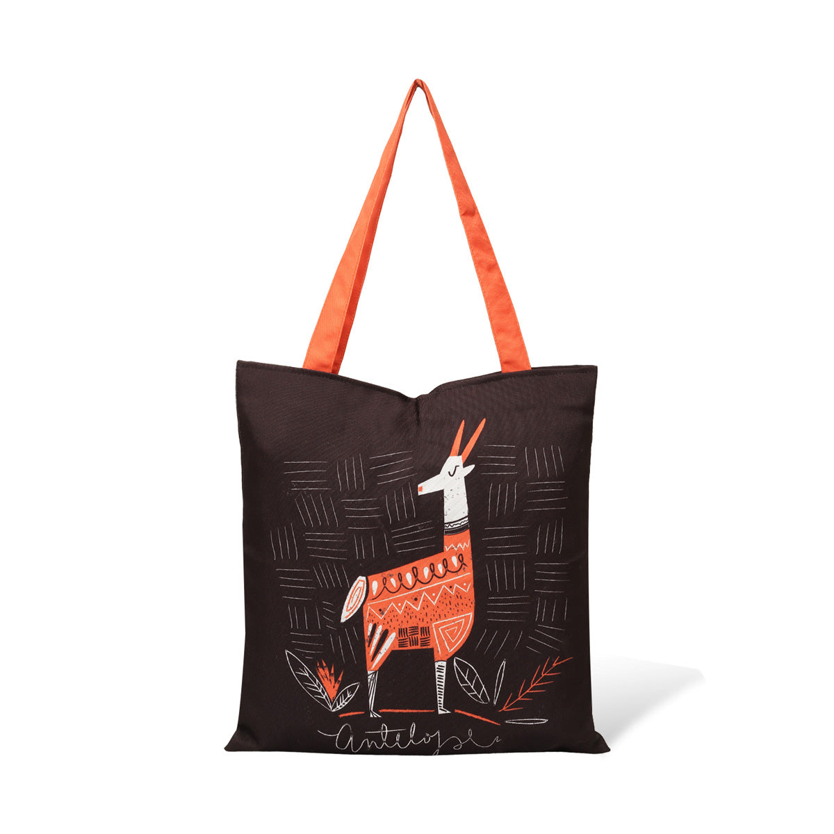 A black tote bag with orange handles featuring a stylized illustration of a white llama with orange patterns 